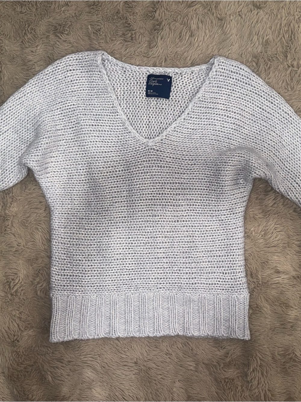 American Eagle Outfitters Light Gray V-Neck Knit Sweater